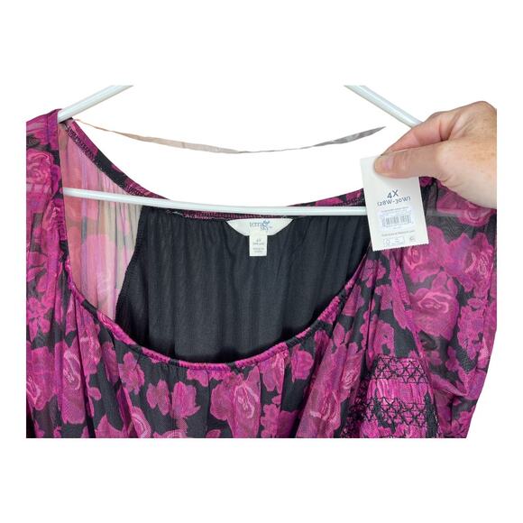 Terra & Sky New Magneta Black Floral Dress Short Sheer Sleeve Size 4X 28W-30W - Picture 4 of 5